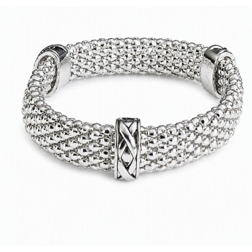 VTG Style Signed Napier Silver Tone Mesh Woven Polished 7.25" Stretchy Bracelet